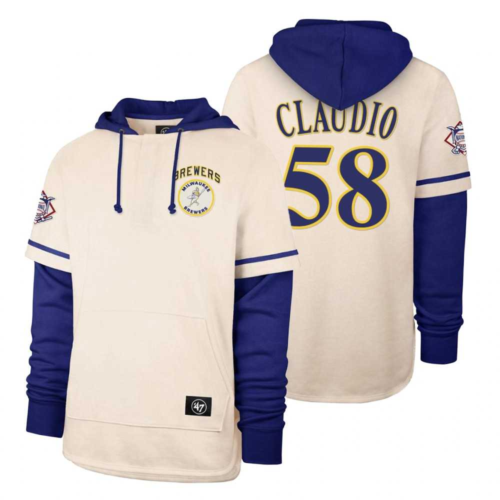 Men Milwaukee Brewers 58 Claudio Cream 2021 Pullover Hoodie MLB Jersey